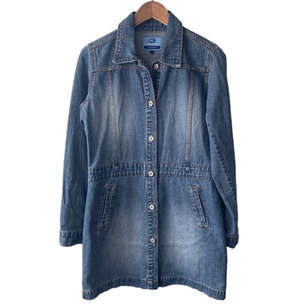 Bluenotes Retro Blue Wash Long Denim Button Front Jean Jacket Coat Women's L